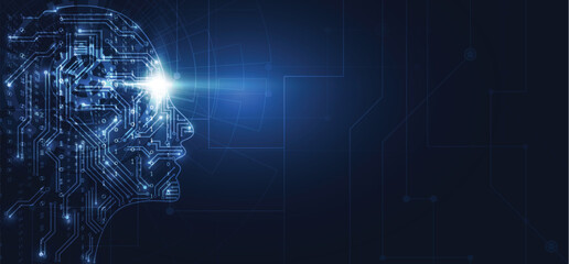 A blue digital head composed of circuitry with a bright light emanating from the eye