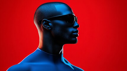 futuristic man with sunglasses in neon light style on red background