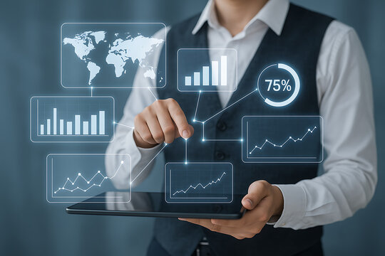Interactive data analysis presented by a businessman on a tablet, showcasing holographic graphs, charts, and a world map to illustrate global business insights and progress