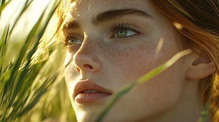 close-up portrait of a freckled girl in sunlight with green eyes and flowing hair