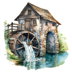 Old wooden watermill with a turning water wheel over the riverOld wooden watermill with a turning water wheel over the river