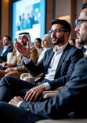 Obraz premium Diverse group of young professionals engaged in business conference discussion