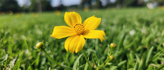 Obraz premium A close-up shot of a vibrant yellow flower standing out in a lush green grass field, capturing its natural beauty.