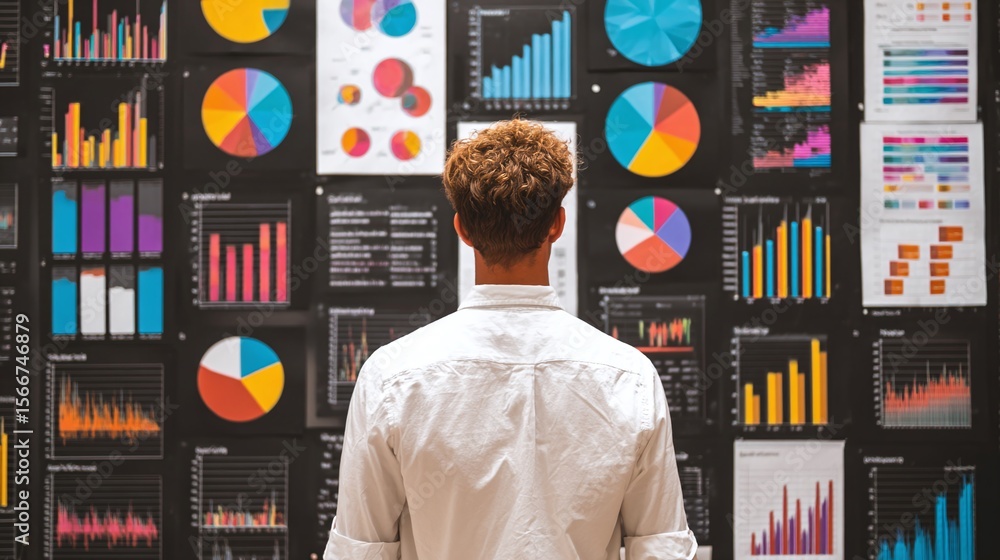 Poster analyzing data: person reviewing charts and graphs. visualizing analytics for decision-making and st
