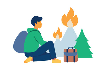 Hiker Observing Wildfire in Mountainous Landscape: Flat Design Illustration