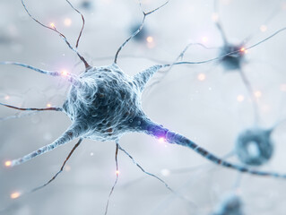 3D-rendered neuron with semi-transparent soma, glowing synapses, and branching dendrites in electric hues.