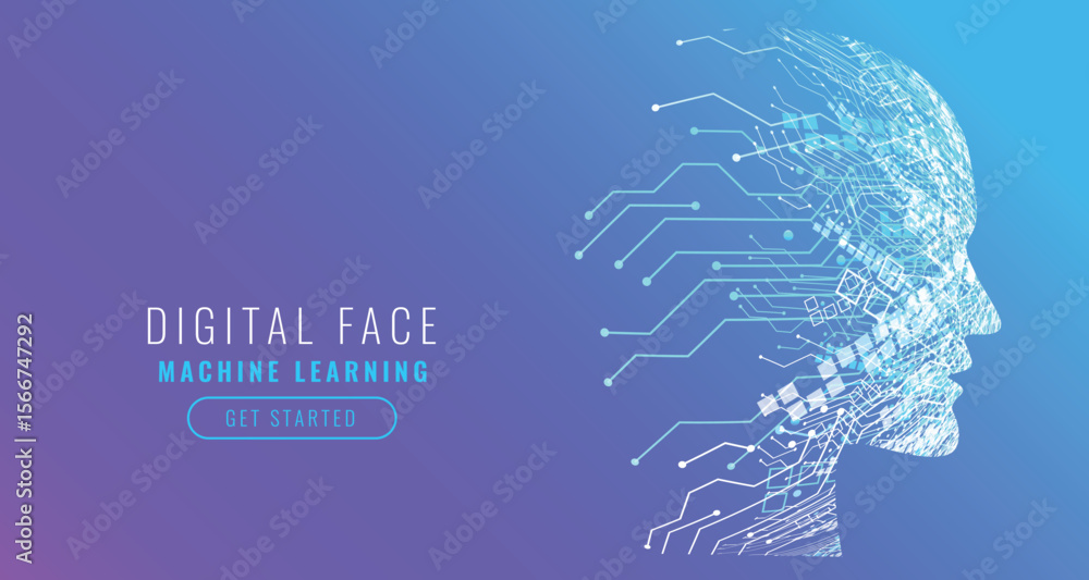 Poster a digital face composed of circuits and lines on a bluepurple gradient background with digital face 