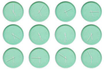 Collection of mint green wall clocks with white numbers and hands, each showing a different time 05:00 to 05:55 or 17:00 to 17:55. Perfect for concepts related to time, routine
