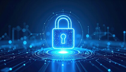 Blue neon padlock with digital circuit design background