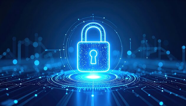 Blue neon padlock with digital circuit design background