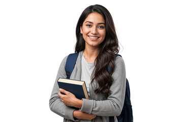 Portrait of a happy young Indian female student holding a book. Cheerful woman with a backpack ready for college or university
