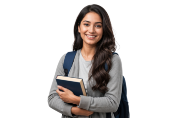 Portrait of a happy young Indian female student holding a book. Cheerful woman with a backpack ready for college or university