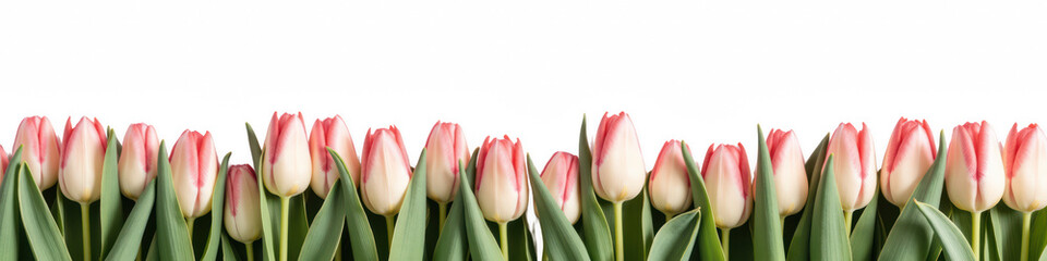 Beautiful tulips with pink and white petals arranged in row, showcasing their vibrant colors and fresh appearance, perfect for spring decor