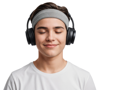 Handsome young man with a headband peacefully enjoys listening to music on his headphones, smiling with his eyes closed 