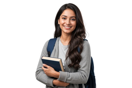 Portrait of a happy young Indian female student holding a book. Cheerful woman with a backpack ready for college or university