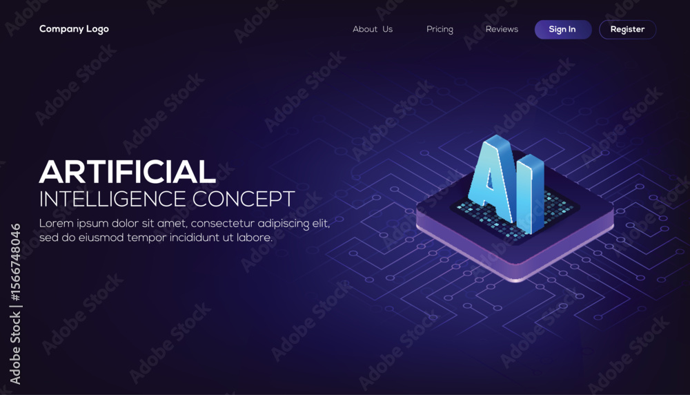 Poster ai concept image featuring a stylized cpu with an ai logo on a dark blue background