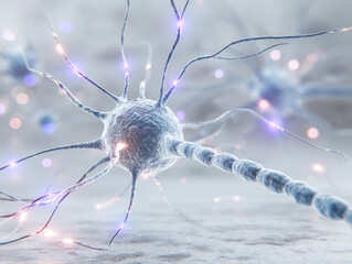 3D-rendered neuron with semi-transparent soma, glowing synapses, and branching dendrites in electric hues.