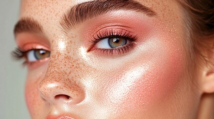 close-up of a youthful woman with glowing skin, natural freckles, pink makeup, and shimmering highlight for beauty and skincare concepts