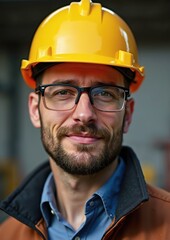 Caucasian male engineer wearing safety helmet and glasses at construction site, adult professional