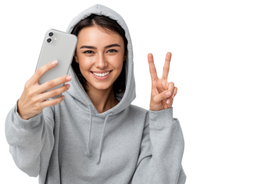 Happy young woman taking selfie with smartphone and showing peace sign