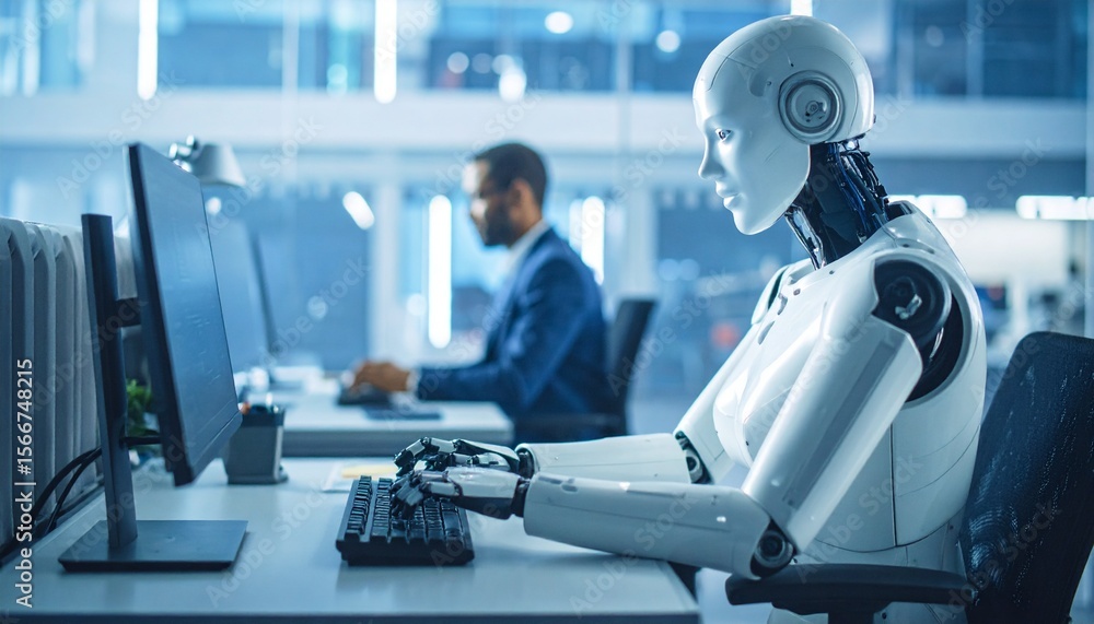 Poster a humanoid robot and a businessman work side-by-side at computers in a modern office. the scene depi