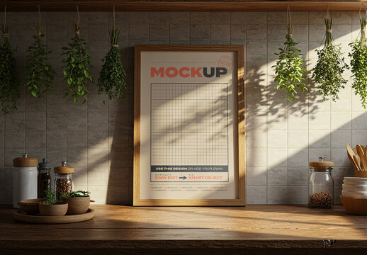 Vertical Frame Image Poster Mockup on Kitchen