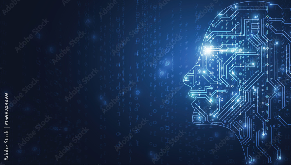 Poster ai head blue circuit pattern bright eye binary code backdrop