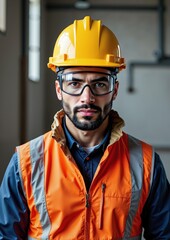 Hispanic male construction worker wearing safety gear indoors in industrial setting