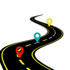A winding road with colorful location pins isolated on white background