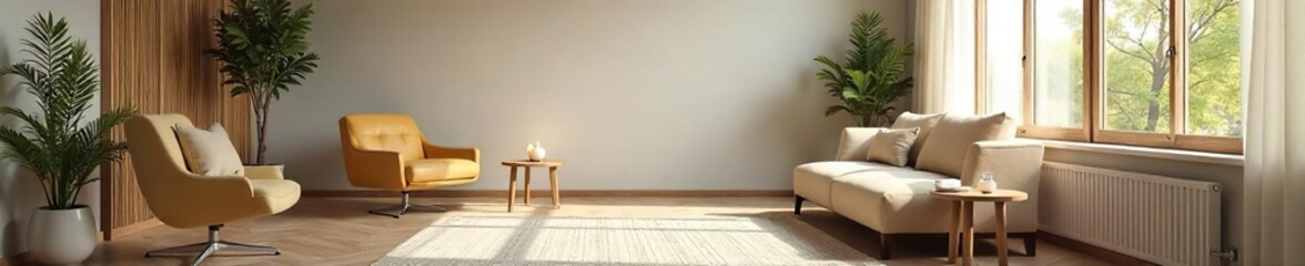 Peaceful Mediation Center Interior Neutral Colors, Comfortable Seating, Natural Light.  Ideal for Conflict Resolution, Therapy, and Stress Reduction.  Promoting Calm and Productivity.