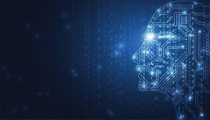 AI head blue circuit pattern bright eye binary code backdrop © Neko funny