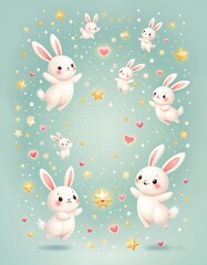 Obraz premium Cute cartoon bunnies and stars on light blue background with hearts and sparkles