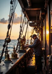 Fototapeta premium Mature caucasian male navigating historic ship deck at sunset with golden maritime details