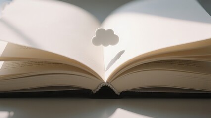 A thoughtfully opened book lies on a surface, with a cloud-shaped bookmark marking a page. Soft natural light illuminates the scene, enhancing a feeling of calm and inspiration