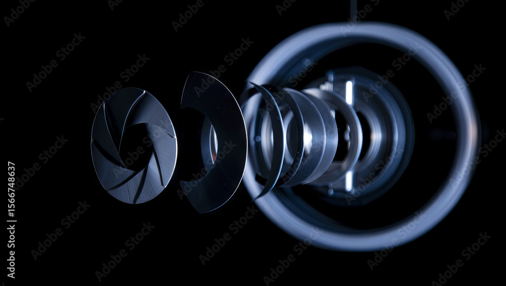 Poster close-up view of an intricate camera lens assembly showcasing its detailed blades and circular struc