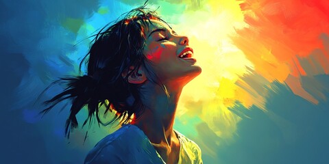 joyful woman with colorful artistic background expressing happiness and freedom in modern digital art style