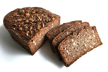 Rye bread loaf with seeds and three sliced pieces on clean white background. Natural, rustic food concept with traditional texture.