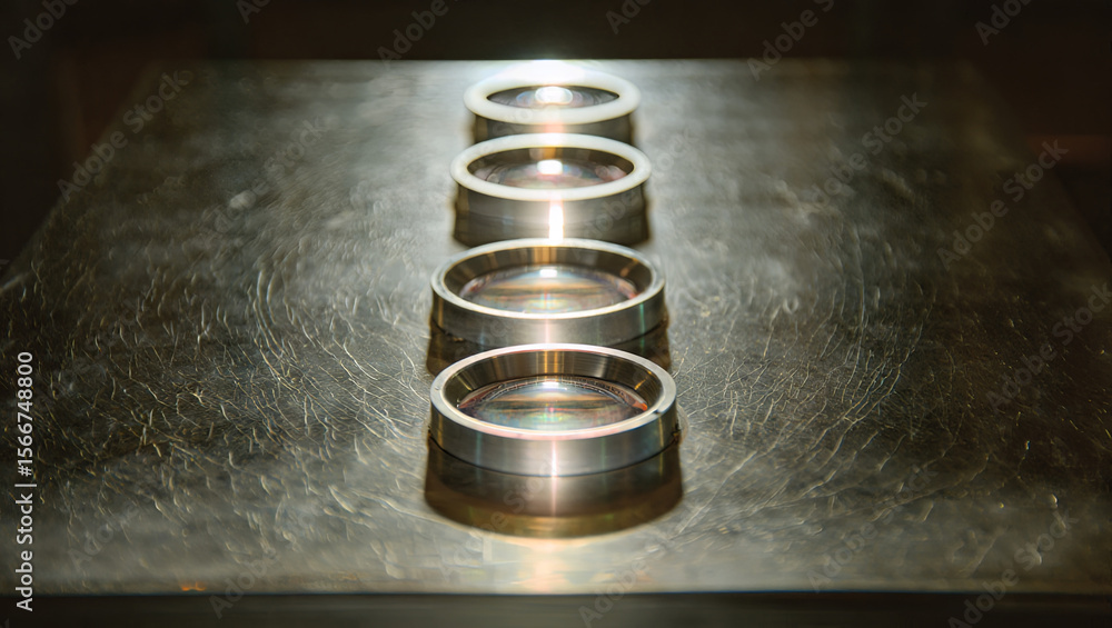 Poster a series of four optical lenses is positioned neatly on a polished metal surface. the lenses reflect