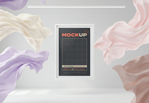 Vertical Frame Poster Mockup Silk Fabric Floating