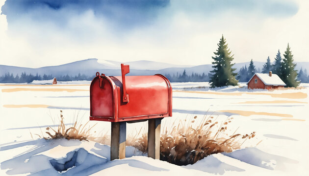 Bright red mailbox standing alone in a snowy rural landscape with distant cabin