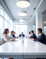 Fototapeta premium Blurred boardroom meeting with people seated around a large table