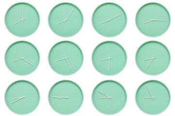 Collection of mint green wall clocks with white numbers and hands, each showing a different time 08:00 to 08:55 or 20:00 to 20:55. Perfect for concepts related to time, routine.