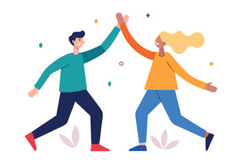 Joyful Diverse Colleagues High Five: Flat Design, Teamwork, Success, Celebration