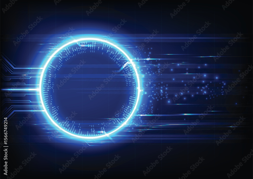 Poster blue neonlit tech circle with circuit board elements set on a gridded dark background