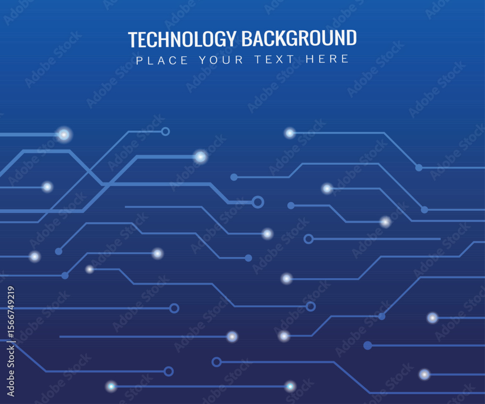 Poster blue tech background features circuit board design white circles and text at the top