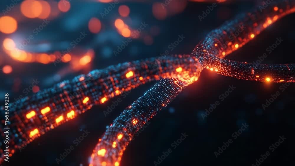 Poster futuristic digital data streams depicting high-tech information flow in a neon-glowing network scene