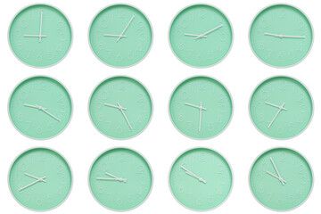 Collection of mint green wall clocks with white numbers and hands, each showing a different time 09:00 to 09:55 or 21:00 to 21:55. Perfect for concepts related to time, routine
