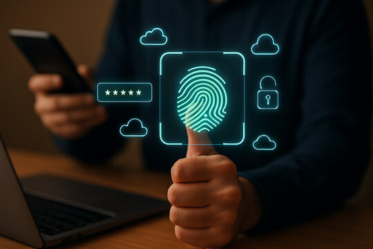 Digital security interface with glowing fingerprint scan and user authentication on smartphone providing secure access to online data and privacy