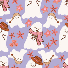 Seamless Pastel Halloween Vector Patterns with Cute Ghosts and Florals