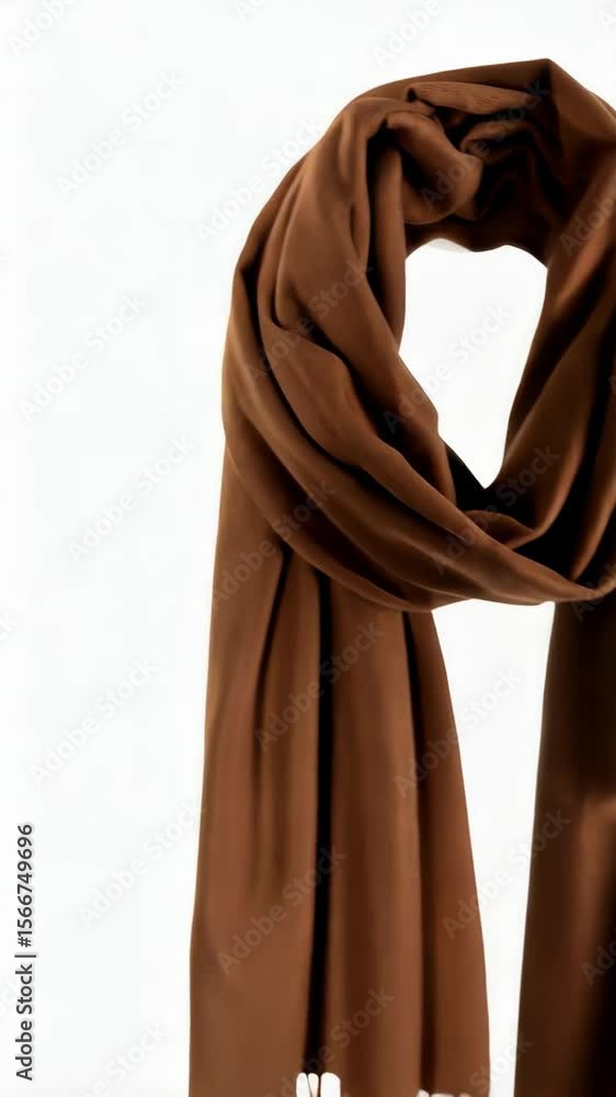 Poster artistic display of a soft brown scarf with delicate fringe detail against a bright background offer